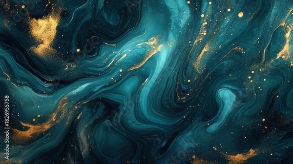 Fototapeta Abstract fluid art background with shimmering gold glitter and swirling teal and deep blue liquid, creating a luxurious and dynamic texture