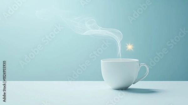 Fototapeta A minimalist shot of a steaming white ceramic cup, emitting a delicate plume of vapor with a subtle glowing star, set against a serene light blue