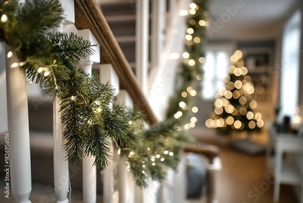 Fototapeta A staircase banister wrapped in fresh pine garland and white fairy lights, with a soft-focus Christmas tree in the background 
