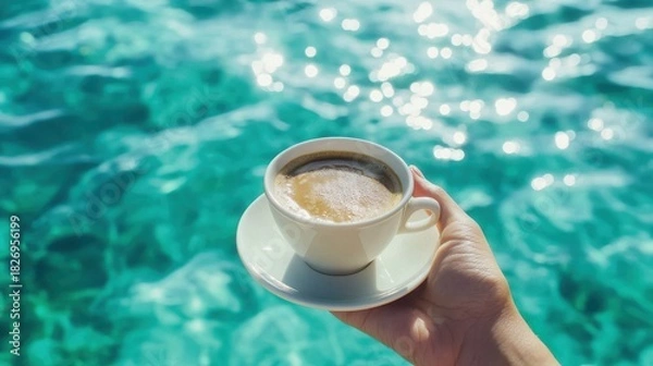 Fototapeta A hand holds a white cup of coffee with foam, set against the vibrant, sparkling turquoise ocean on a sunny day, symbolizing relaxation