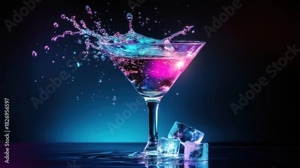 Fototapeta Vibrant cocktail splashing in a martini glass, illuminated by neon pink and blue lights, with ice cubes on a dark, reflective surface