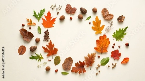 Fototapeta Autumn leaves and natural elements arranged in an oval frame on a light textured background, symbolizing fall season and natures beauty