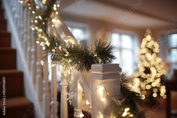 Fototapeta A staircase banister wrapped in fresh pine garland and white fairy lights, with a soft-focus Christmas tree in the background 