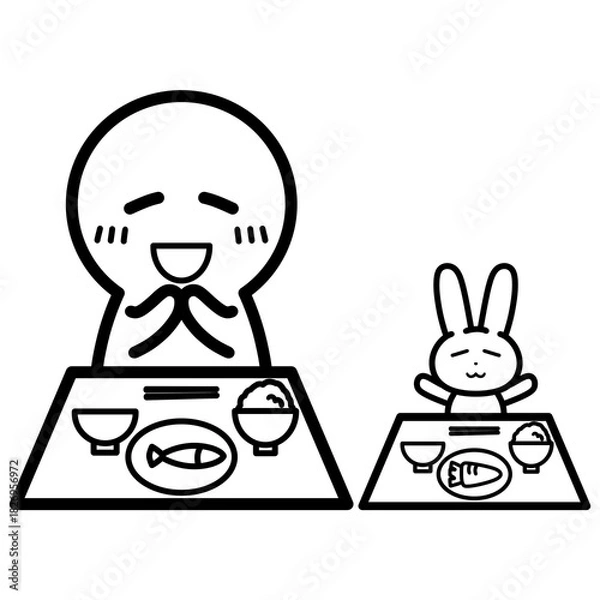 Obraz ぬいぐるみと並んで食事をする人物　イラスト