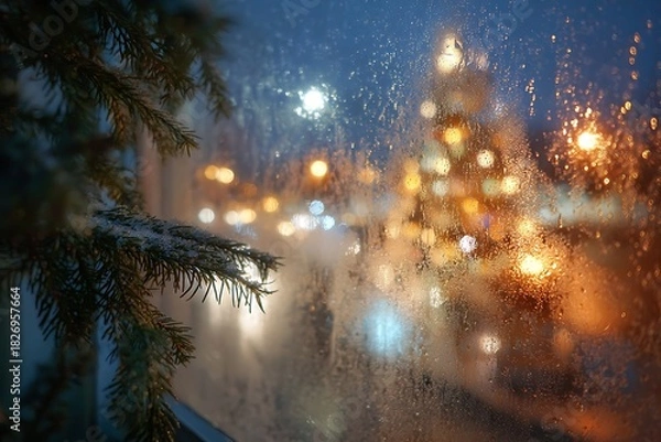 Fototapeta The view from inside looking out a frosty window at night, with Christmas tree lights reflected in the glass 