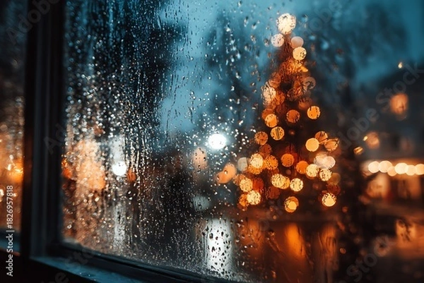 Fototapeta The view from inside looking out a frosty window at night, with Christmas tree lights reflected in the glass 