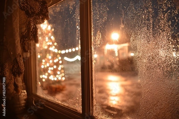 Fototapeta The view from inside looking out a frosty window at night, with Christmas tree lights reflected in the glass 