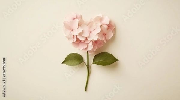 Fototapeta Heartshaped flower of pink hydrangea petals, with a green stem and leaves, arranged on a cream background, symbolizing love and romance