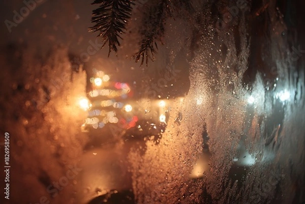 Fototapeta The view from inside looking out a frosty window at night, with Christmas tree lights reflected in the glass 