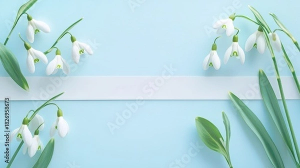 Fototapeta Delicate white snowdrop flowers blooming on a soft blue background with a central white stripe, symbolizing springs arrival and fresh beginnings