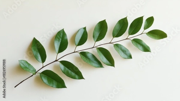 Fototapeta A vibrant green branch with multiple fresh leaves arranged neatly on a light, plain background, showcasing natural beauty and organic simplicity