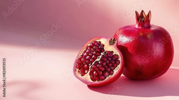 Fototapeta A vibrant still life of a whole and a halfcut ripe red pomegranate, showcasing its juicy seeds against a soft pink background