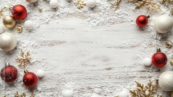 Fototapeta Holiday background with red and white christmas ornaments, golden snowflakes, and snow on a rustic white wooden surface