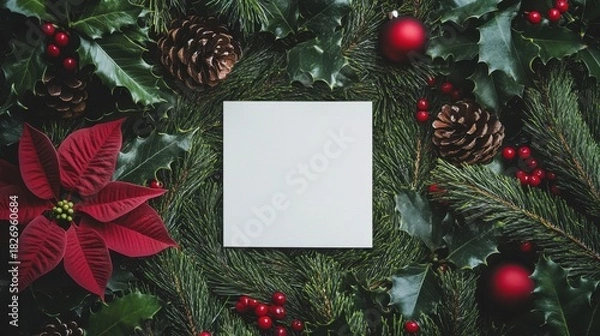 Fototapeta Christmas flat lay with blank white square for text, surrounded by pine, holly, poinsettia, pine cone, red berry, bauble