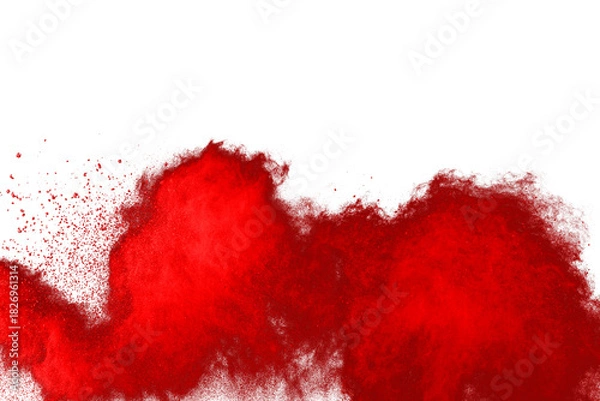 Fototapeta Freeze motion of red powder exploding, isolated on white background. Abstract design of red dust cloud. Particles explosion screen saver, wallpaper