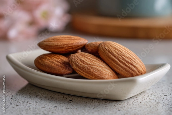 Obraz Close-up of almonds in a small white dish, healthy snack concept.