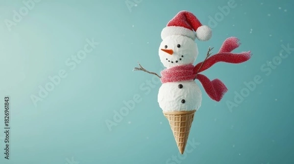 Fototapeta Whimsical snowman of ice cream scoops, wearing santa hat and red scarf, stands in waffle cone against blue background with falling snow
