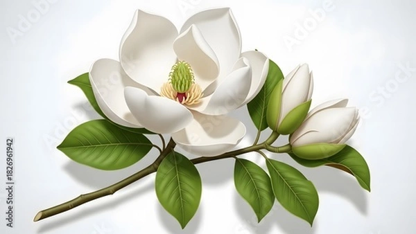Fototapeta White magnolia flower with two buds and green leaves on a branch