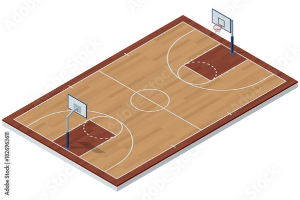 Fototapeta Isometric illustration of an indoor basketball court with wooden flooring, painted lines, and two hoops. Detailed sports arena layout for training, competition, or gym design concepts.