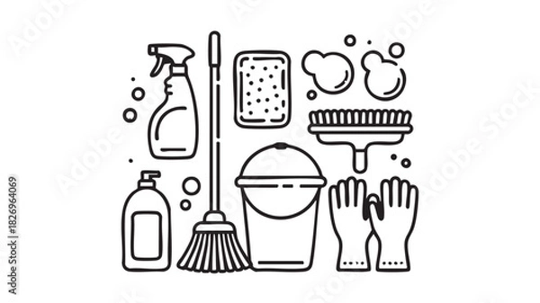 Obraz Black and white line art illustration of cleaning supplies and bubbles vector
