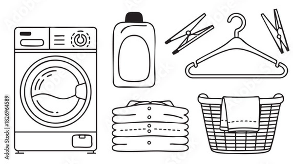 Obraz Black and white line art illustration of laundry items including washing machine clothes basket and detergent