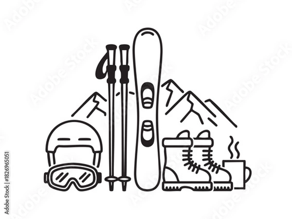 Obraz Black and white vector illustration of ski gear and mountains with hot drink snowboard helmet