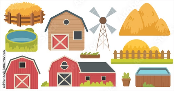 Fototapeta set of farm animals and house