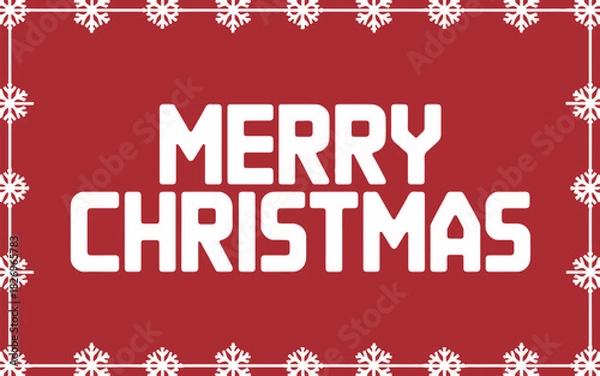 Fototapeta Merry christmas text in white with snowflake border on a red background for holiday greeting card
