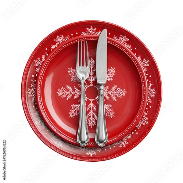 Obraz Elegant red plate with silverware and snowflake design