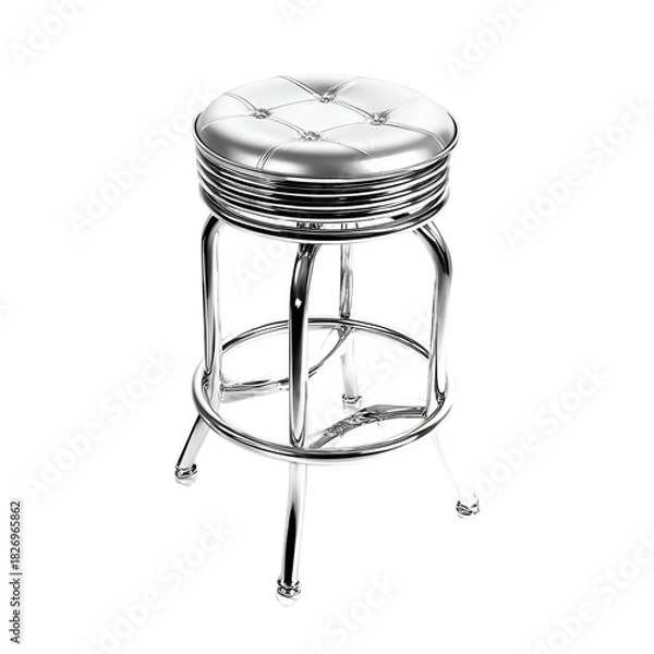 Obraz Retro chrome bar stool with tufted silver seat on black background