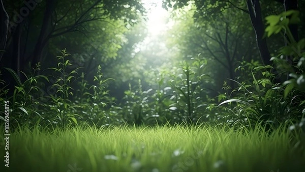 Fototapeta Sunlight streaming through lush green forest canopy and grassy ground