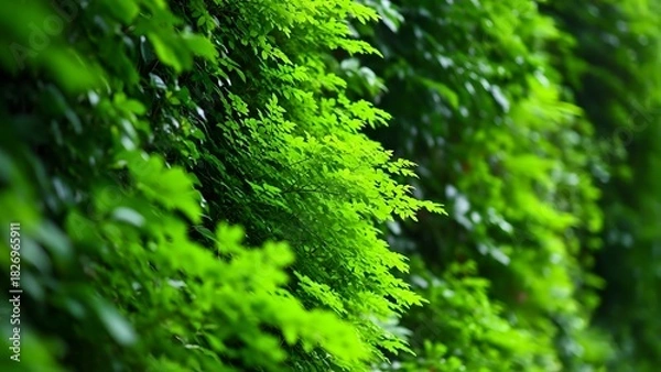 Fototapeta Lush green moss growing on a wall in a forest environment