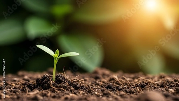 Fototapeta Tiny sprout emerging from soil bathed in warm sunlight