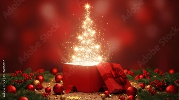 Fototapeta Magical christmas tree emerging from a red gift box with ornaments