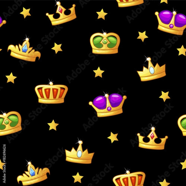 Fototapeta Seamless cartoon vector pattern with king crown icons. Assets for game design