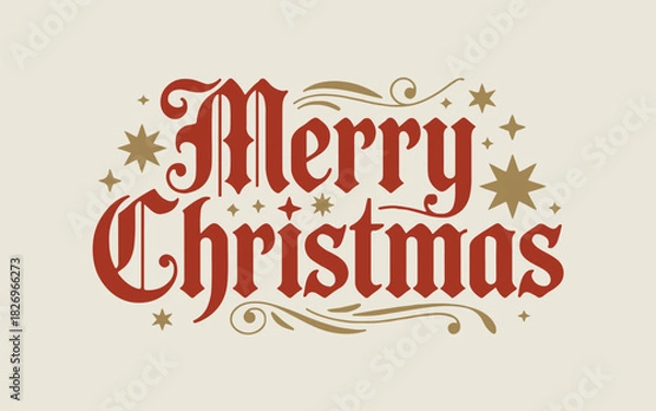 Fototapeta A festive merry christmas design with red text and gold stars on a cream colored background