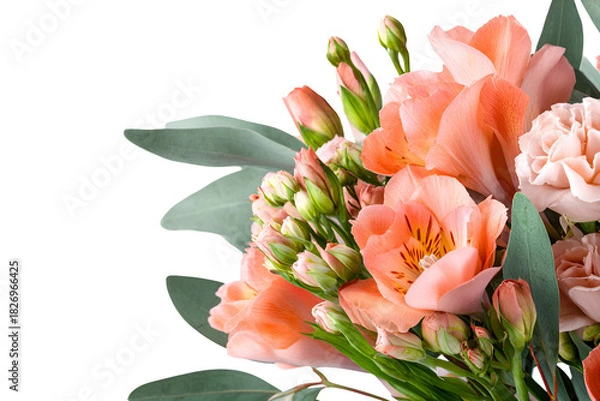 Obraz Beautiful bouquet of peach and pink flowers with eucalyptus leaves on black background