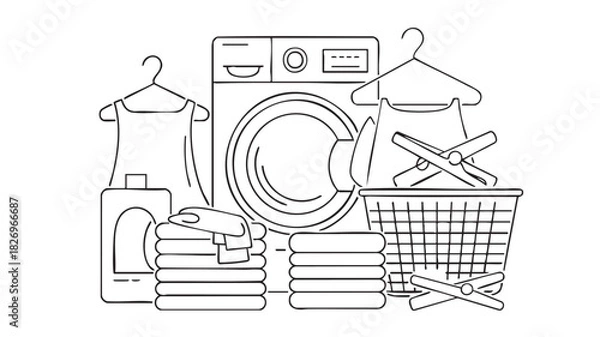 Obraz Laundry day line art illustration with washing machine clothes basket and detergent clothes pegs
