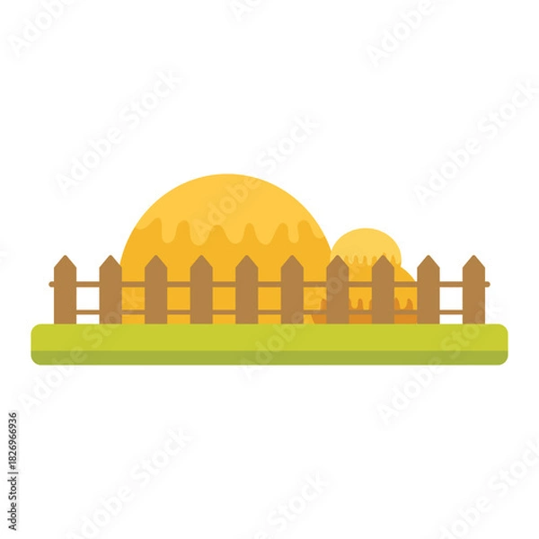 Fototapeta Yellow wooden fence with green grass on a beige Sheaf of wheat ears. Rural crop. Autumn rustic element. Cartoon flat illustration.