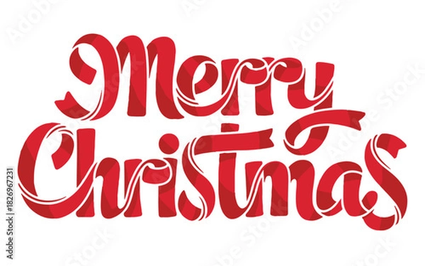 Fototapeta Merry christmas text in red ribbon style isolated on white background festive holiday season design