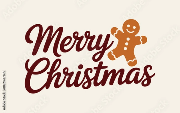 Fototapeta Merry christmas text with gingerbread man cookie on a light beige background illustration image