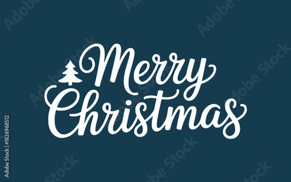 Fototapeta White merry christmas text with christmas tree icon on a dark blue background holiday greeting card