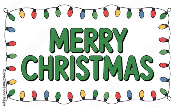 Fototapeta Merry christmas message with festive string lights border in red yellow green and blue colors design