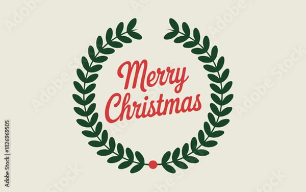 Fototapeta Merry christmas text inside a green wreath with a red berry on a cream colored background design