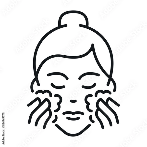 Obraz An icon of a woman washing her face with her hands, concentrating on cleansing her skin. This icon symbolizes skincare and personal hygiene in a modern style.