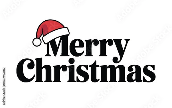Fototapeta Merry christmas text with santa hat graphic on a white background holiday greeting card design