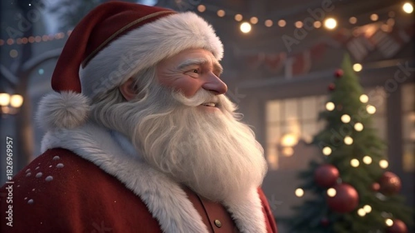 Fototapeta Santa claus smiling with christmas tree and lights in the background outdoors