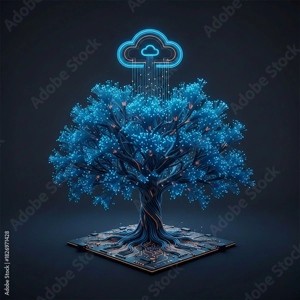 Obraz Digital Neural Tree Connected to Cloud Network – Futuristic AI Data Visualization