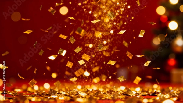 Fototapeta Golden confetti falling and sparkling on a rich red background with blurred christmas tree lights