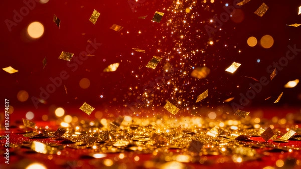 Fototapeta Golden confetti falling and scattering on a rich red background creating a festive and celebratory atmosphere